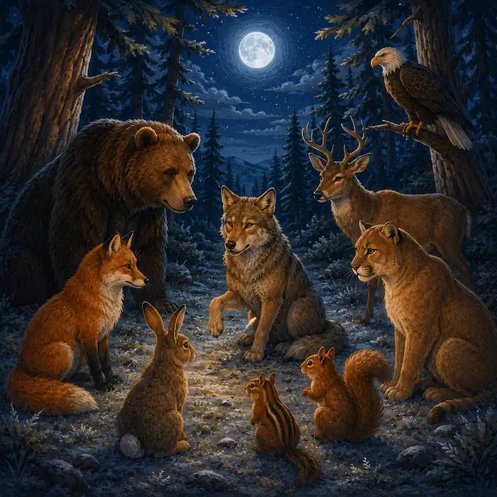 How Coyote Stole Fire animals gather in a moonlit forest clearing to plan how to help the people