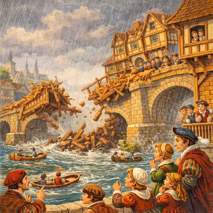 London Bridge is Falling Down scene showing a wooden bridge section breaking apart in heavy rain
