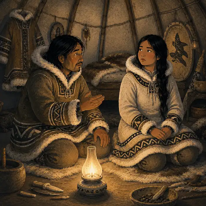 Sedna listens uncertainly as her father urges her to marry inside a warm Arctic home lit by a glowing lamp.