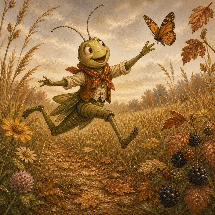 Jasper Grasshopper chases a butterfly through an autumn meadow instead of gathering food in The Ants & the Grasshopper Aesop’s fable.