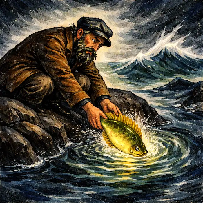 The Fisherman and His Wife fairy tale showing the fisherman releasing the enchanted flounder back into the sea as waves crash around him