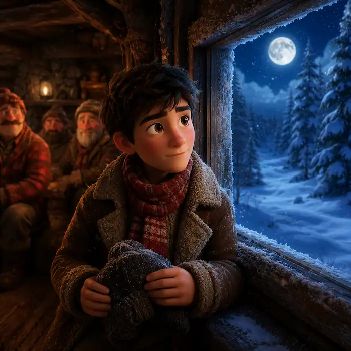 Baptiste looks through a frosty cabin window at the moon while missing home in The Flying Canoe