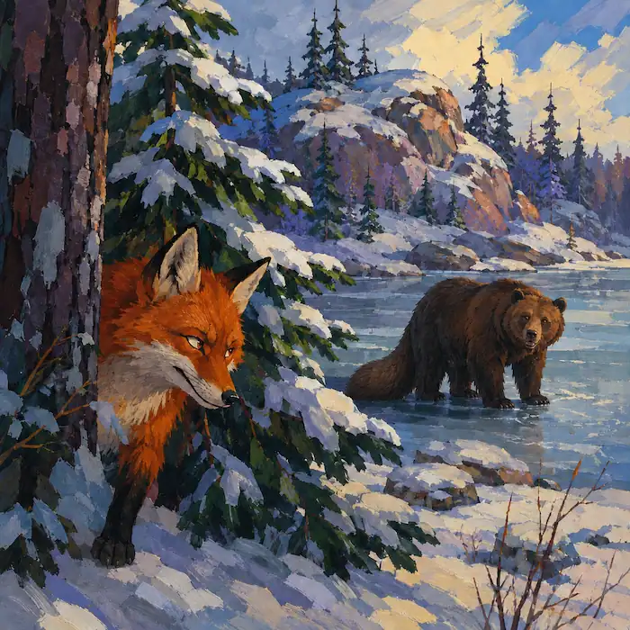 Fox hiding near the trees and spotting Bear by the frozen lake in How the Bear Lost Its Tail