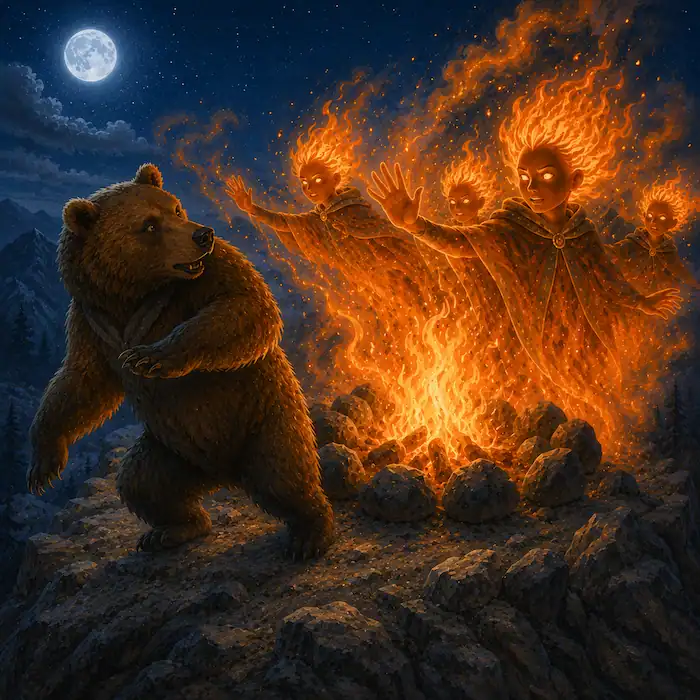 How Coyote Stole Fire scene of Bear trying to take fire while the Fire Beings drive him back