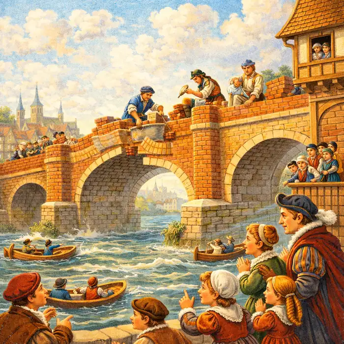 Builders repairing London Bridge with bricks and mortar while boats pass below