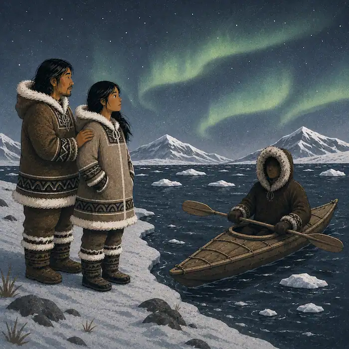 A hooded stranger arrives by kayak across the icy sea while Sedna and her father watch from the snowy shore.