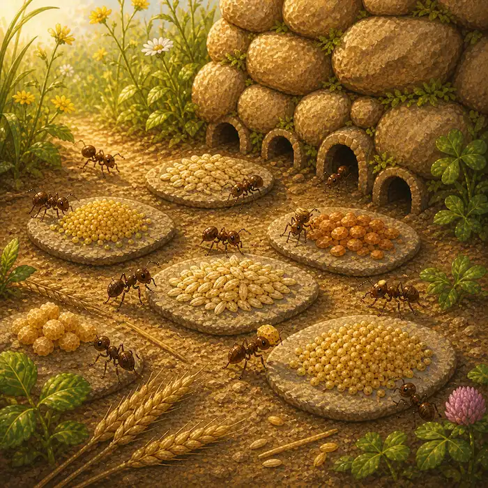 Ants dry piles of grain and seeds on flat stones near their underground home in The Ants & the Grasshopper.