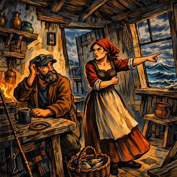 The Fisherman and His Wife Brothers Grimm scene inside a cottage where the wife angrily points outside demanding more wishes from the fisherman