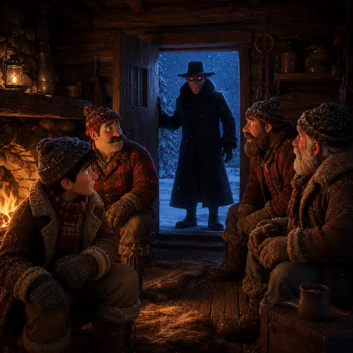 A mysterious stranger stands in the snowy doorway as the lumberjacks react in The Flying Canoe legend