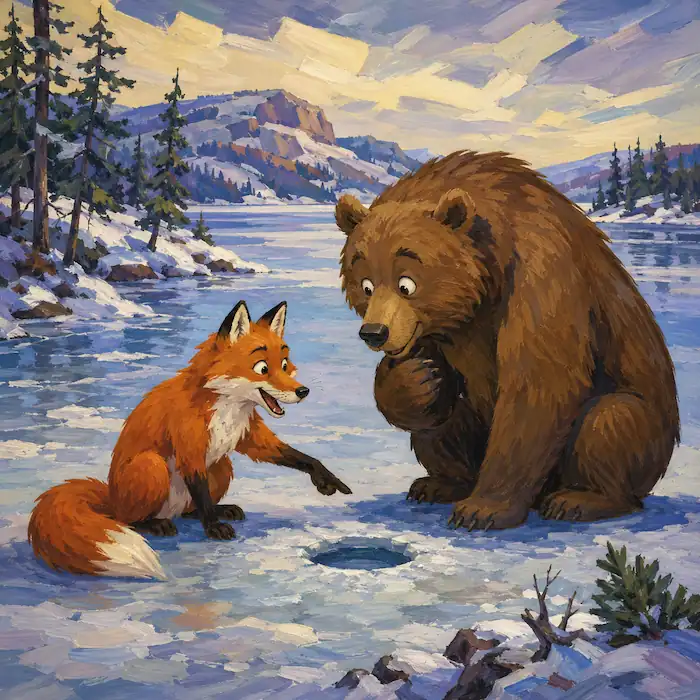 Fox pointing to a hole in the ice while Bear listens in this animal trickster story