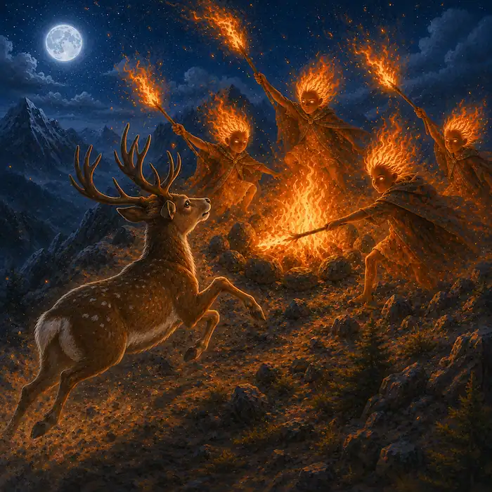 How Coyote Stole Fire illustration of Deer racing toward the fire as Fire Beings block her path