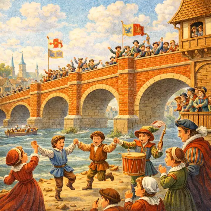 Children celebrate beside the river after London Bridge is rebuilt with flags and music