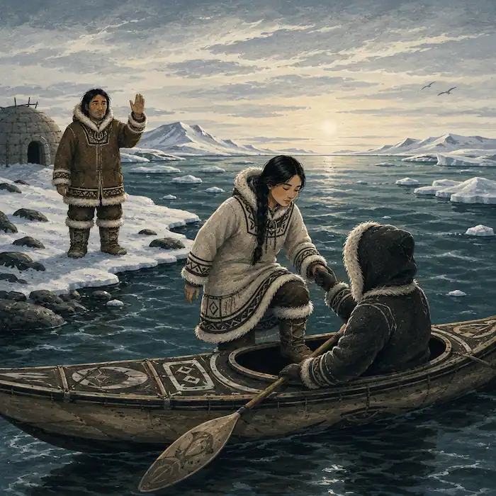 Sedna steps from the snowy shore into the stranger’s kayak while her father watches her leave across the Arctic sea.