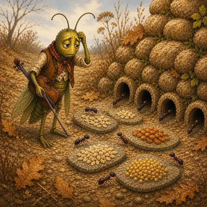 Hungry Jasper Grasshopper stands beside the ants’ stored food in late autumn in The Ants & the Grasshopper Aesop’s fable.