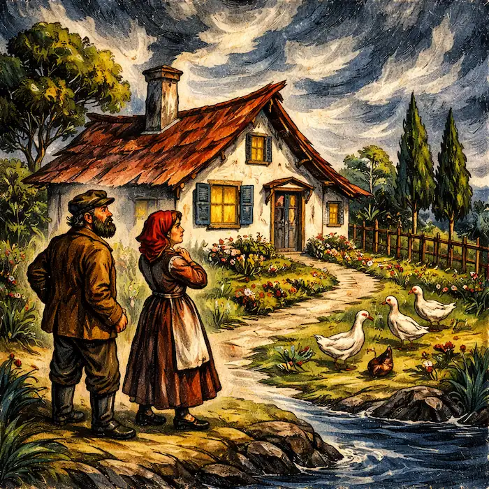 The Fisherman and His Wife story showing a new cottage with a garden and ducks as the couple stand looking at their improved home
