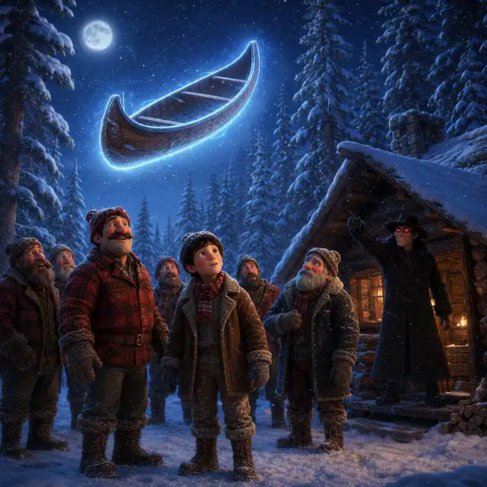 A glowing magical canoe floats above the snow outside a Quebec logging cabin in La Chasse-Galerie