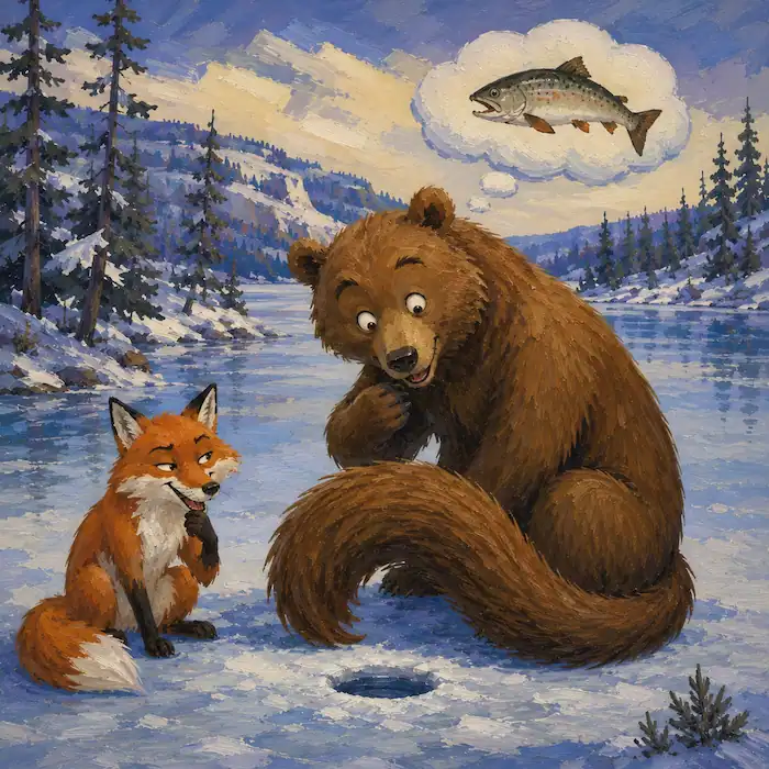 Bear imagining fish while Fox smiles beside the ice hole in How the Bear Lost Its Tail