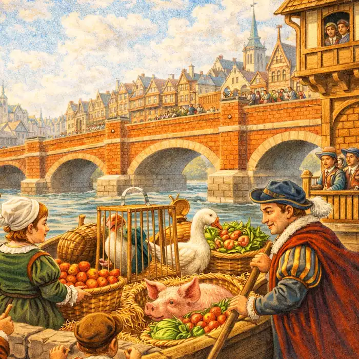 London Bridge standing in the background behind a busy riverside market with animals and baskets of food
