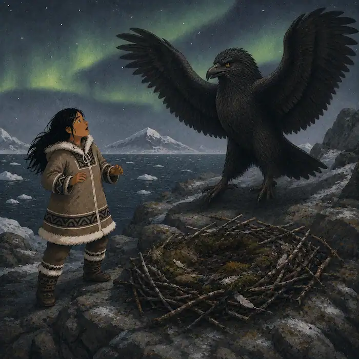 Sedna discovers a rough nest on a lonely rocky island as the stranger reveals himself as a great dark bird-spirit.