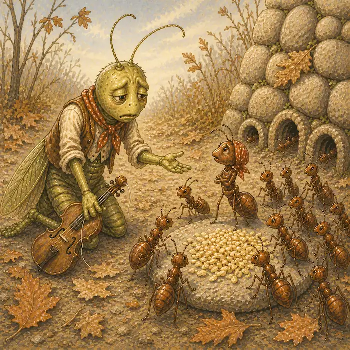 Jasper Grasshopper asks Mina and the ants for help beside their stored grain in The Ants & the Grasshopper.