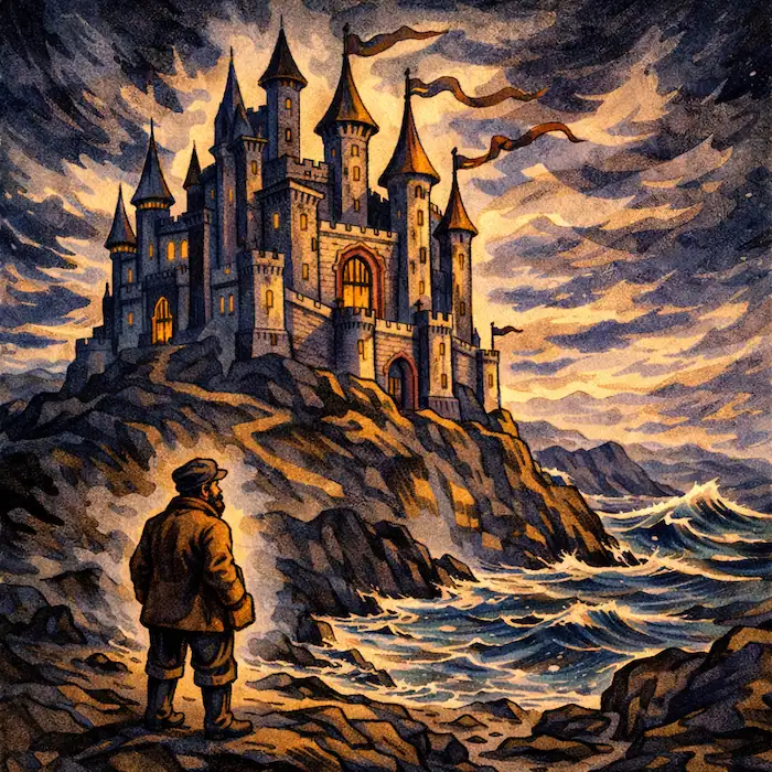 The Fisherman and His Wife Brothers Grimm illustration of a large castle on a rocky cliff above the sea with the fisherman looking up