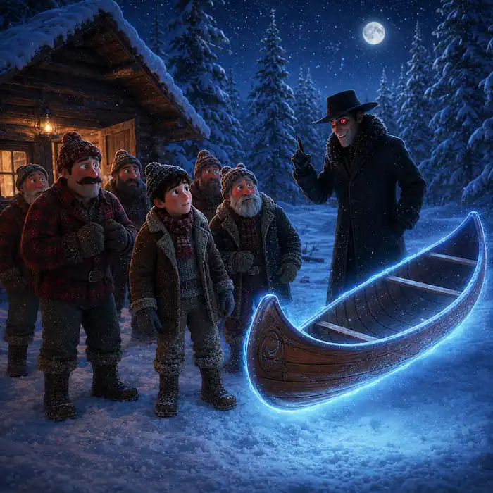 The mysterious stranger explains the dangerous bargain beside the glowing canoe in The Bewitched Canoe