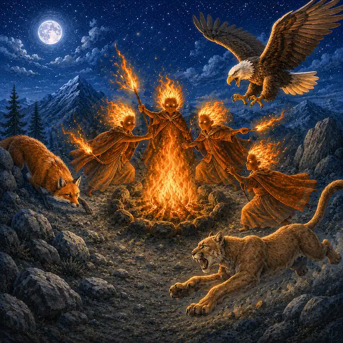 Native American folktale scene from How Coyote Stole Fire with animals failing to reach the flames