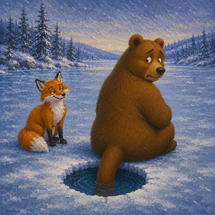 Bear lowering his long tail into icy water while Fox watches in How the Bear Lost Its Tail