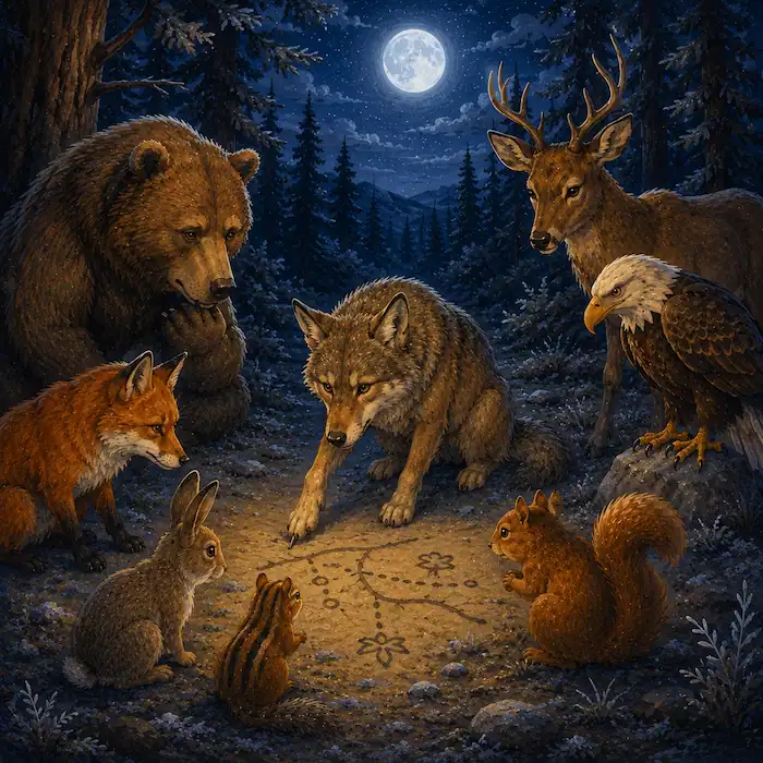 How Coyote Stole Fire illustration of Coyote drawing a clever plan while the animals listen