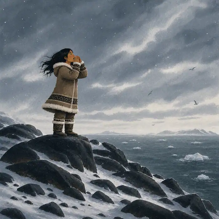 Sedna stands alone on a rocky Arctic island calling across the cold sea for her father to hear her.