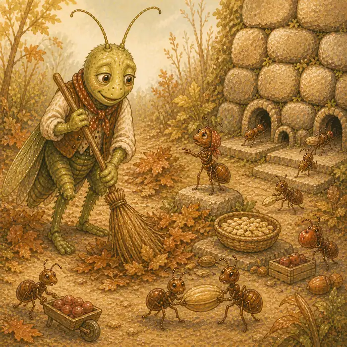 Jasper Grasshopper sweeps autumn leaves and helps the ants prepare their home for winter in The Ants & the Grasshopper.