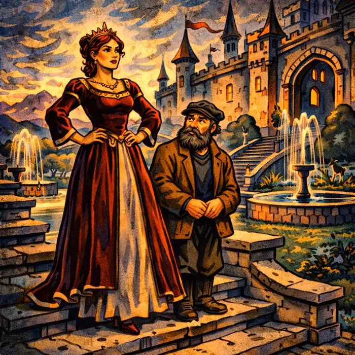 The Fisherman and His Wife fairy tale showing the wife dressed as a queen standing beside the fisherman in front of a grand castle