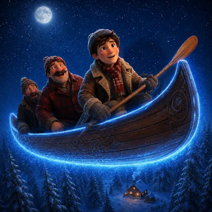 Baptiste, Pierre and Old Henri fly above snowy pine trees in the glowing canoe under the moon