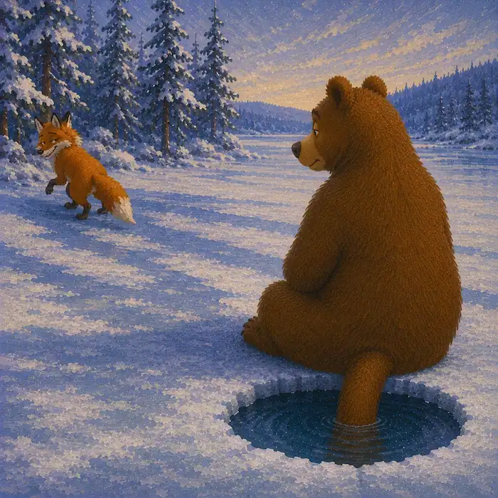 Fox sneaking away while Bear waits with his tail in the ice hole in this trickster folk tale