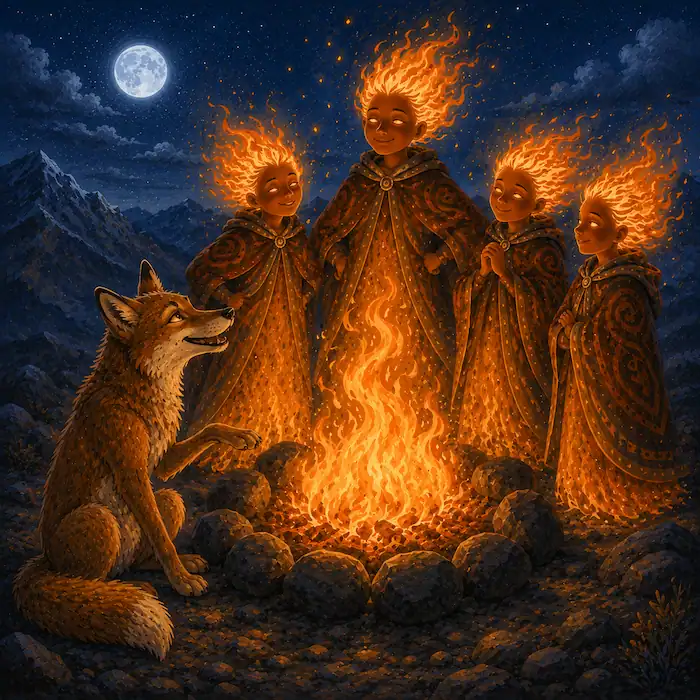 How Coyote Stole Fire scene where Coyote praises the Fire Beings and edges closer to the flames