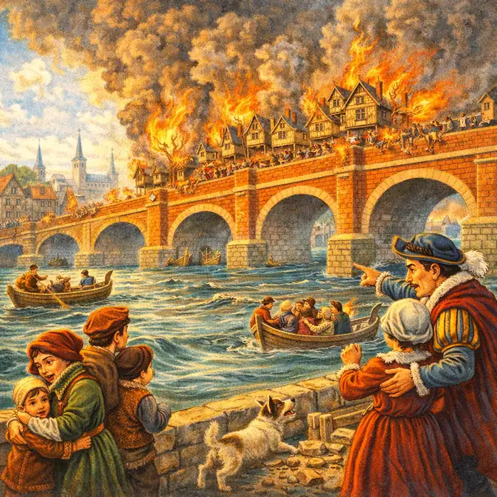 A dramatic London Bridge scene with flames, smoke and people fleeing as valuables are stolen away