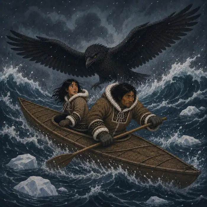Sedna hurries over snowy rocks toward her father as he arrives by kayak to rescue her from the lonely island.