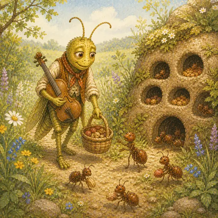 Jasper Grasshopper helps the ants gather food when spring returns in The Ants & the Grasshopper Aesop’s fable.