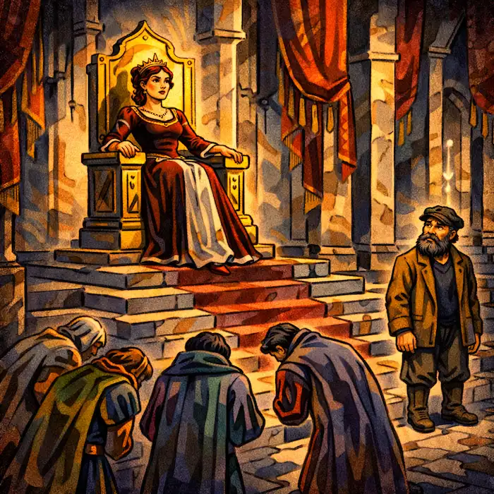 The Fisherman and His Wife Brothers Grimm scene with the wife seated on a throne while people bow before her in a grand hall