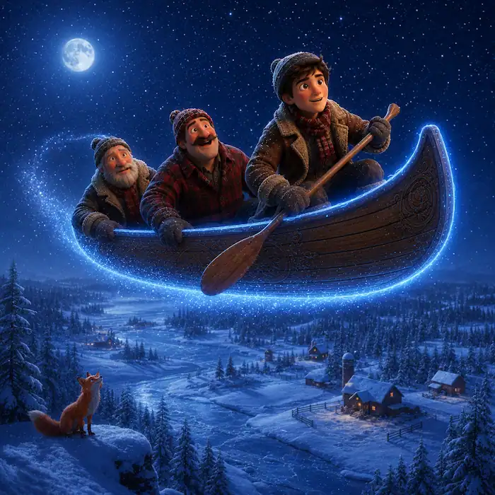 The Flying Canoe soars over snowy Quebec forests, frozen rivers and sleeping farms as a fox looks up