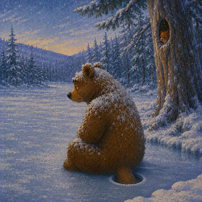 Bear waiting in the snow as Squirrel watches from a tree in How the Bear Lost Its Tail