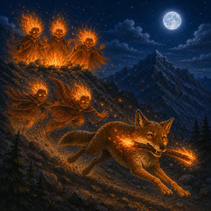 How Coyote Stole Fire illustration of Coyote running down the mountain with a burning stick