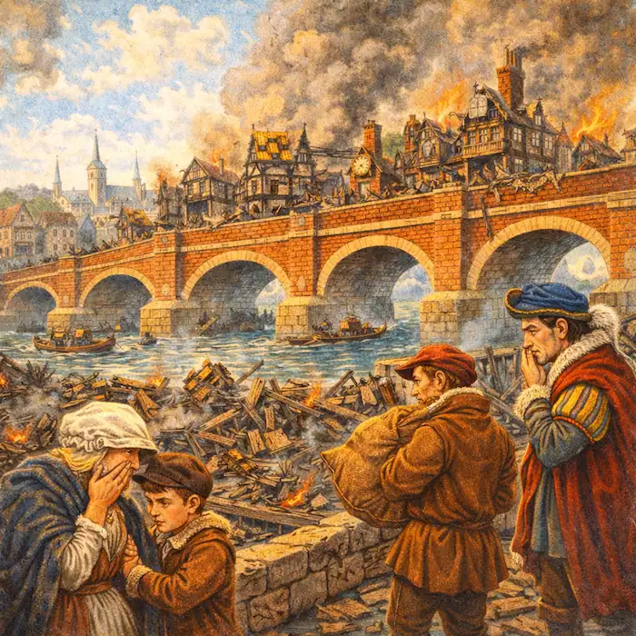 Townspeople look sadly at burnt ruins and broken timbers beside London Bridge after the fire
