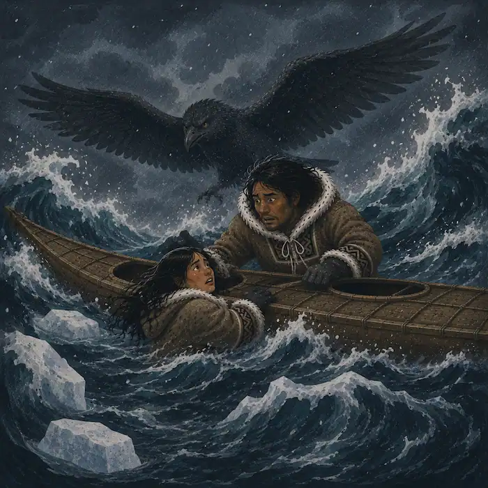 Sedna clings to the side of the kayak in a storm while her frightened father looks down and the bird-spirit circles above.