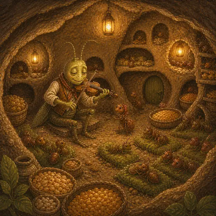 Jasper Grasshopper plays his fiddle inside the warm ant home while ants rest with their stored food in The Ants & the Grasshopper.