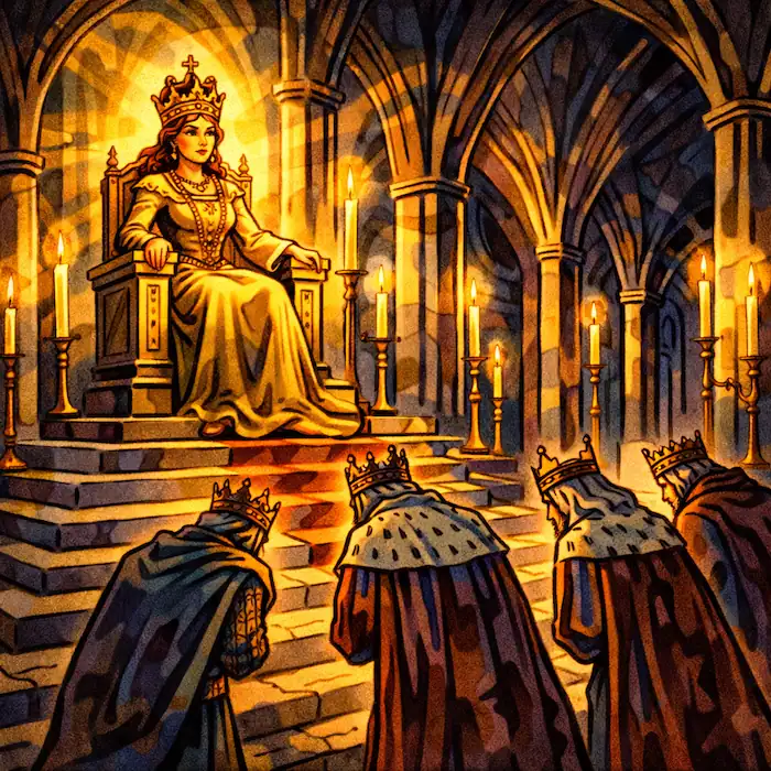 The Fisherman and His Wife illustration showing the wife as a powerful ruler on a throne while nobles kneel before her