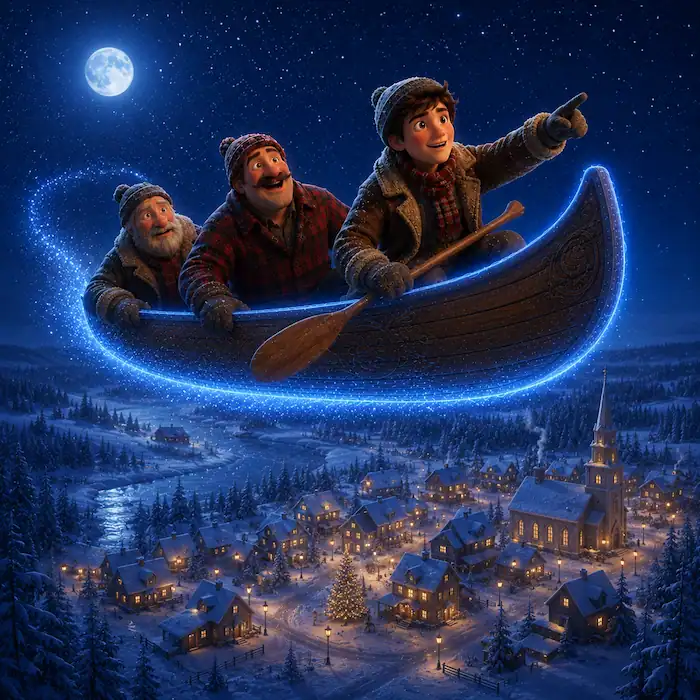 The glowing canoe descends toward a snowy French Canadian village on New Year’s Eve
