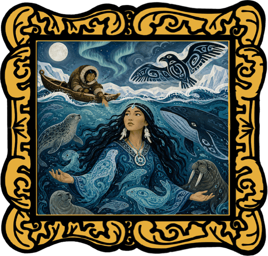 Audio read-aloud cover for Sedna Goddess of the Sea with Sedna, sea animals, kayak and bird-spirit in a gold frame.