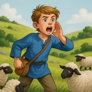 Boy in a field surrounded by sheep shouting WOLF