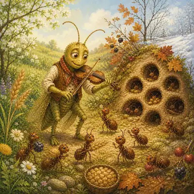Cover image for The Ants & the Grasshopper Aesop’s fable, showing Jasper Grasshopper playing his fiddle beside ants carrying food near a stone wall.